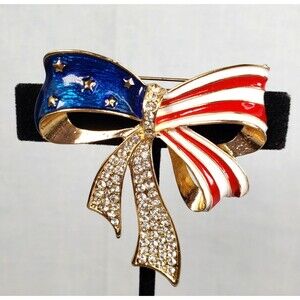 Red White & Blue Enamel Striped Gold Bow Rhinestones and Gold Stars Brooch